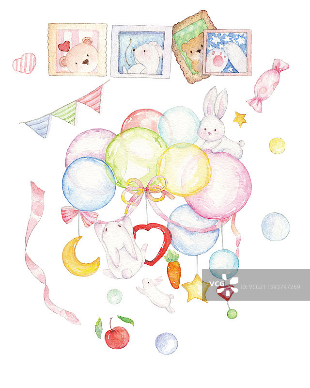 水彩手绘气球和小兔子庆祝装饰会造型图片素材