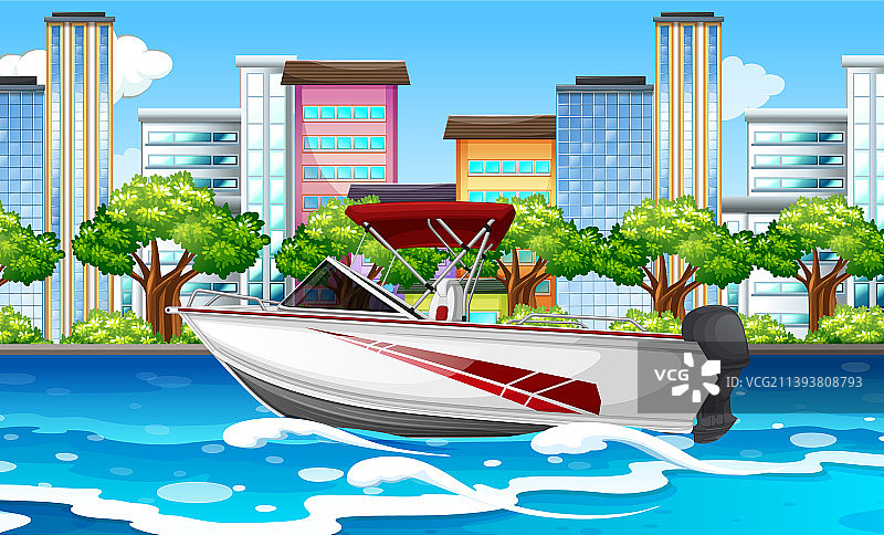 带有快艇的河边城市风光图片素材