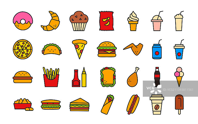 快餐图标独立线条彩色图标集图片素材