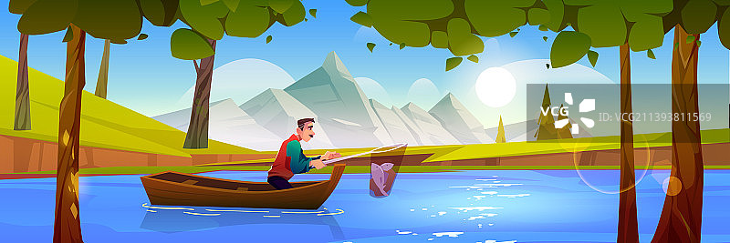 渔夫在森林池塘的船上用网捕鱼图片素材