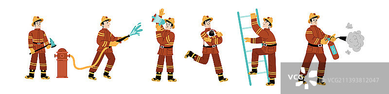 手持灭火器、消防栓、水管和斧头的消防员图片素材