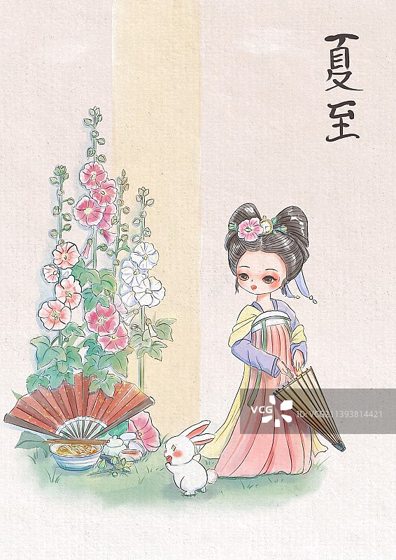 传统服饰女孩与兔子看见美食图片素材