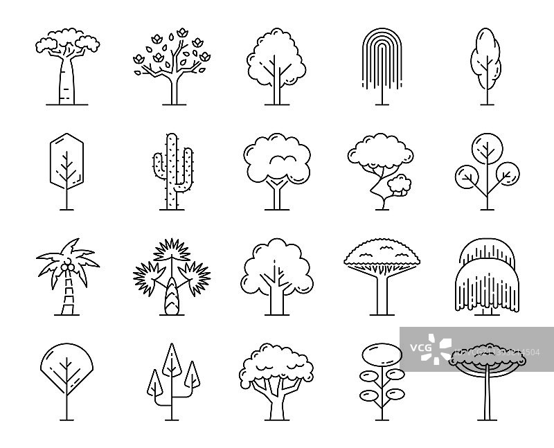热带树木轮廓图标：海滩、丛林图片素材