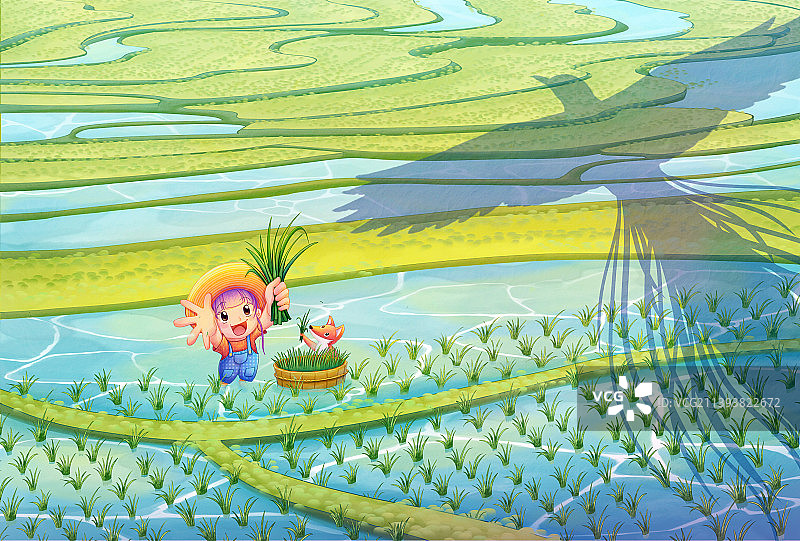 治愈飞鸟青鸾给女孩和稻田带来好运和希望图片素材