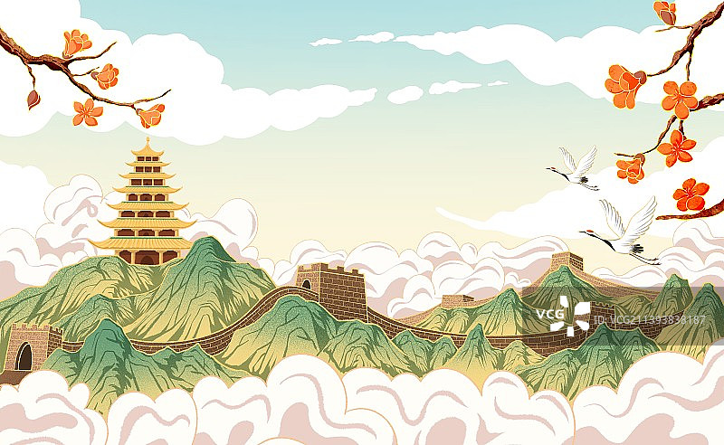 长城风景插画图片素材