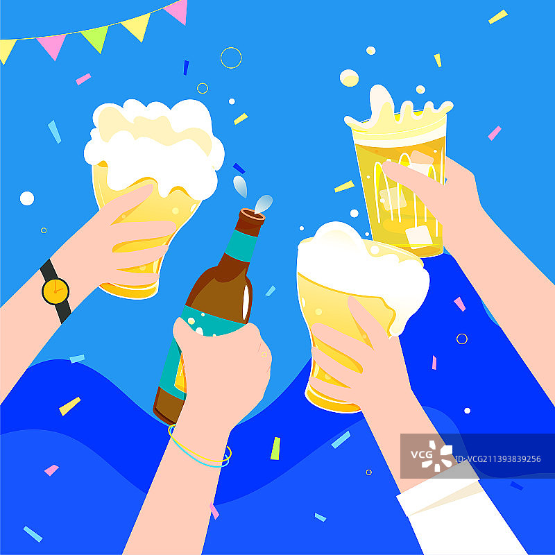 多人举着啤酒庆祝矢量插画方图图片素材