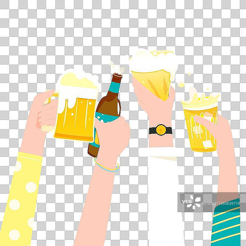 白色背景下手持啤酒杯庆祝矢量插画图片素材