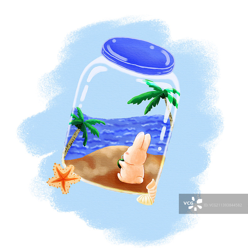 玻璃瓶海边兔图片素材