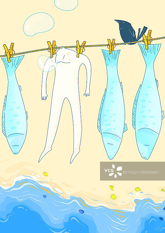 幽默卡通漫画插图躺平的咸鱼青年图片素材