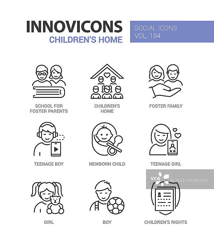 儿童之家与收养线性设计图片素材