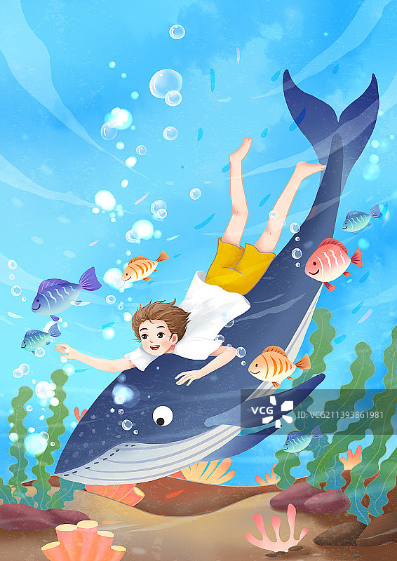 骑着鲸鱼在海底遨游的男孩图片素材
