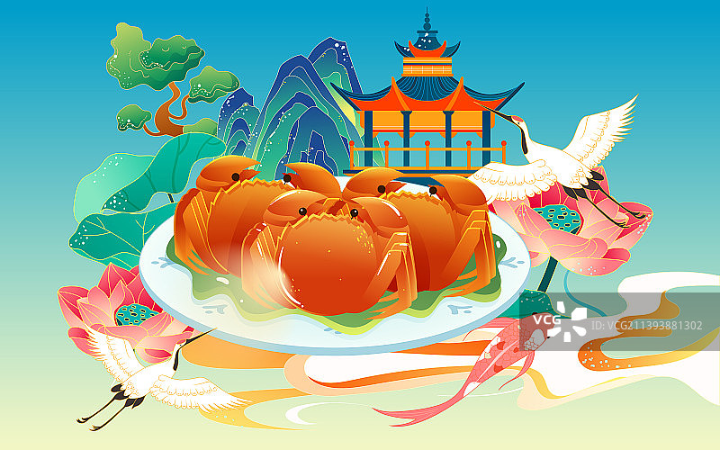 中秋节赏月聚餐吃螃蟹月饼传统节日国潮插画图片素材