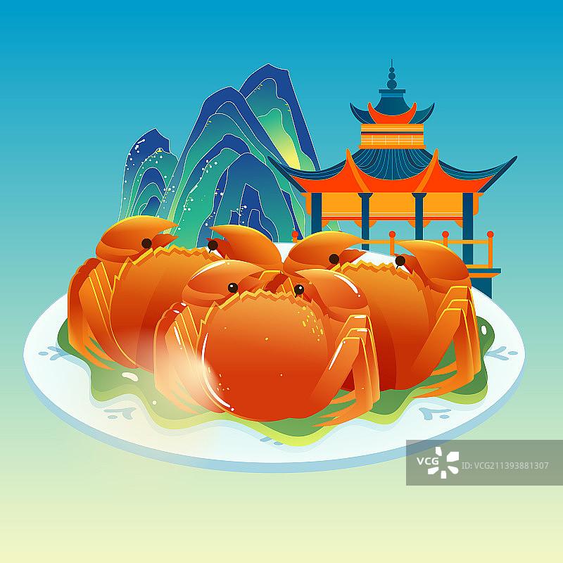 中秋节赏月聚餐吃螃蟹月饼传统节日国潮插画图片素材