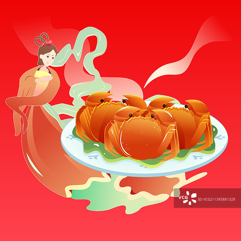 中秋节赏月聚餐吃螃蟹月饼传统节日国潮插画图片素材