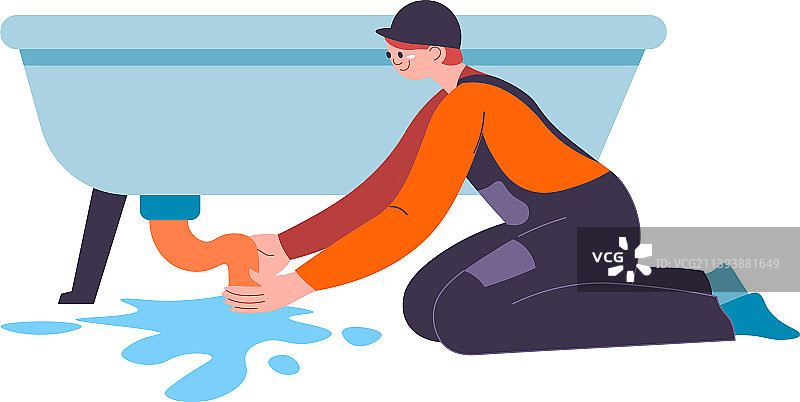水管工修理浴室浴缸漏水图片素材