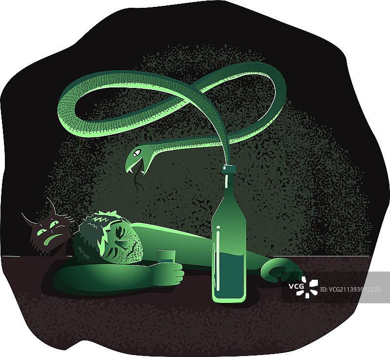 醉酒的男人、绿蛇和恶魔在睡觉图片素材