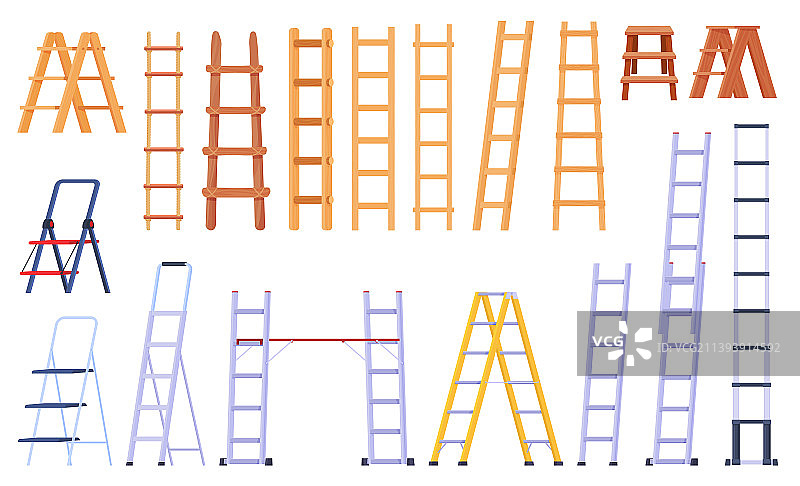 一组木制和金属梯子图片素材