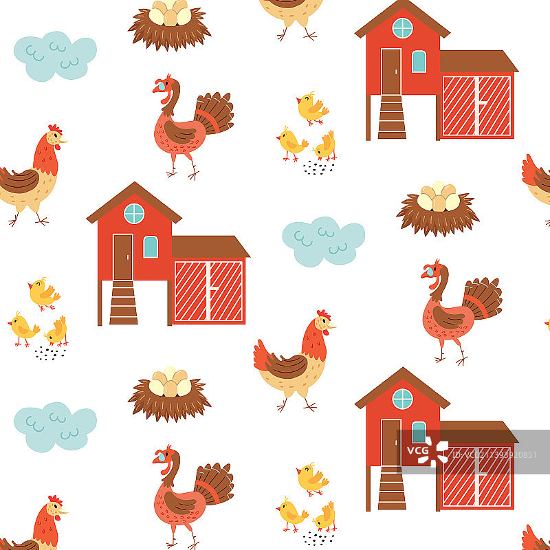 鸡舍火鸡农场鸟类无缝图案图片素材