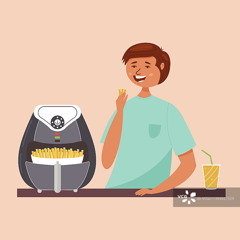 男人吃空气炸锅炸的薯条图片素材