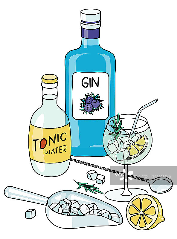 涂鸦卡通金汤力鸡尾酒图片素材