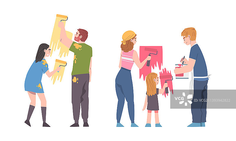 一家人用滚筒粉刷墙壁的背影图片素材