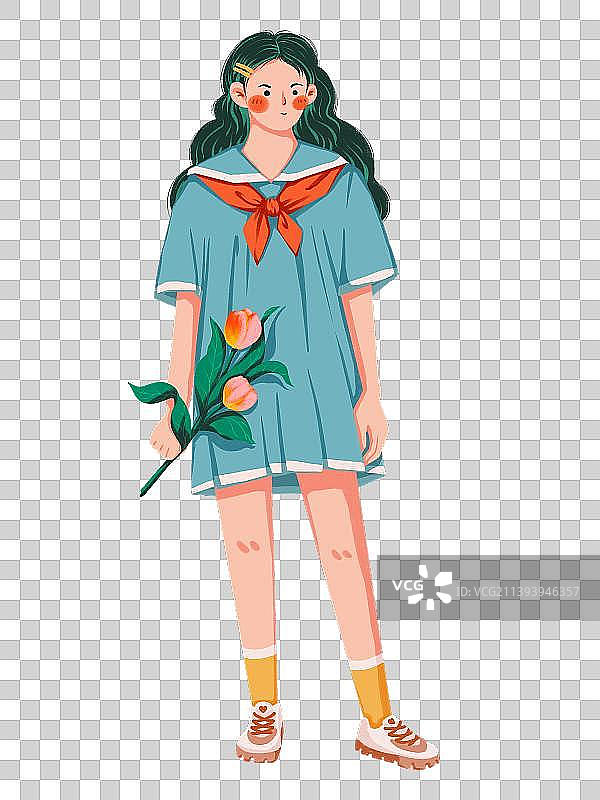 一个拿着花的少女图片素材