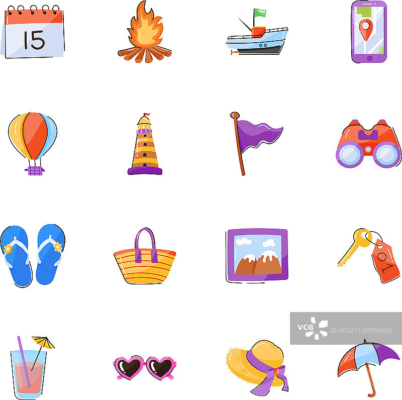 扁平风旅行涂鸦图标套装图片素材