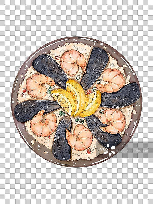 美食西班牙海鲜烩饭日系水彩插画图片素材