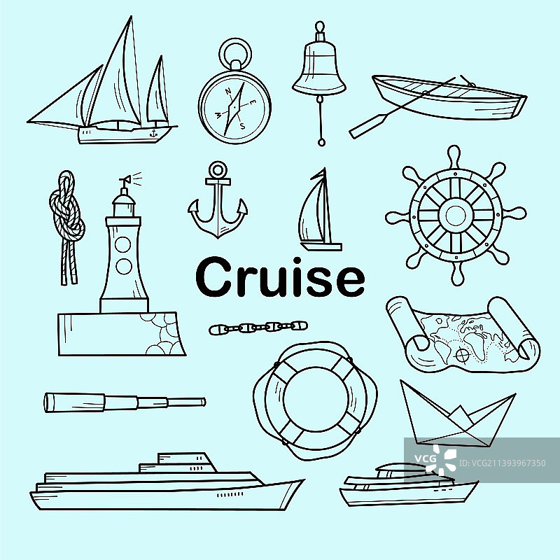 一套邮轮元素轮廓图图片素材