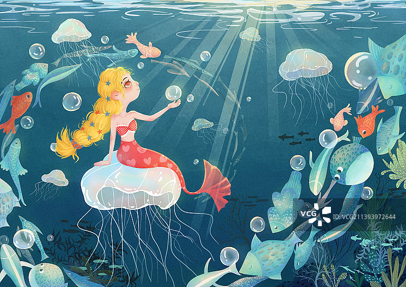 海底世界中，美人鱼被鱼群环绕图片素材