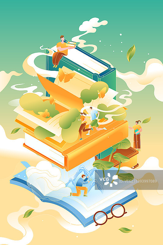 卡通2.5d等距教育学生学习新学期开学季书单读书日教师节中秋节双节出游电商促销中国风古风国潮矢量插画图片素材