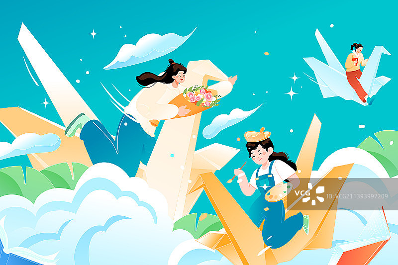 卡通秋季秋天风景郊游教师节教育学生学习新学期开学季读书动青年花卉书单文学电商促销优惠渐变矢量插画图片素材