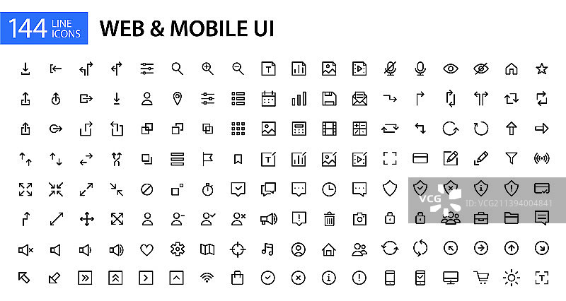 144个简约线条艺术Web和移动UI图标像素图片素材