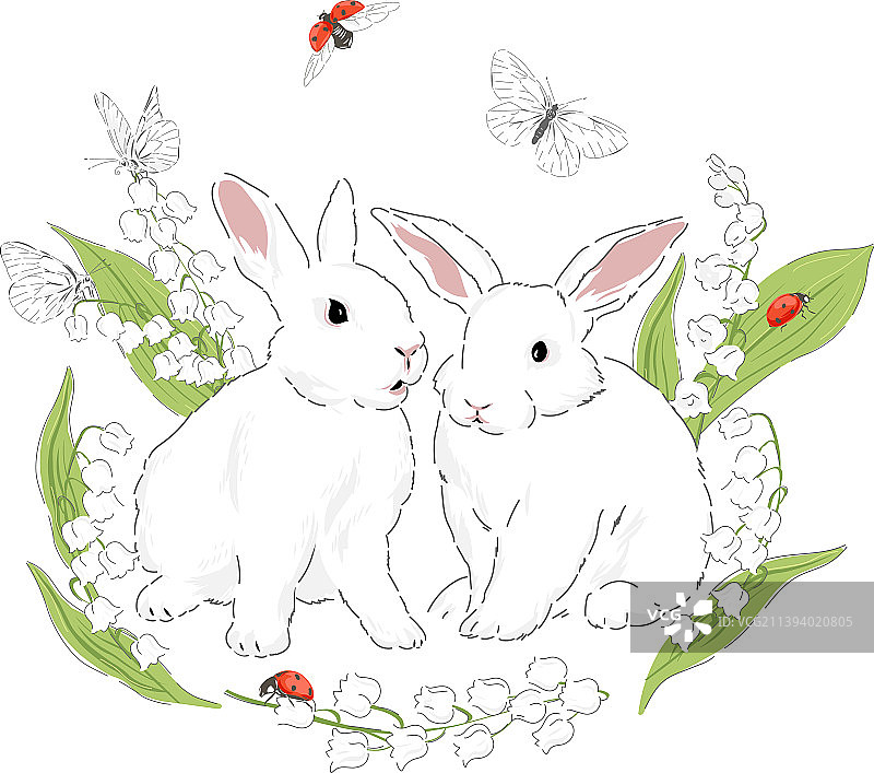 可爱兔子与百合花、蝴蝶和瓢虫图片素材