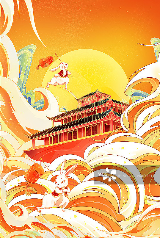 国风中秋兔年创意插画图片素材