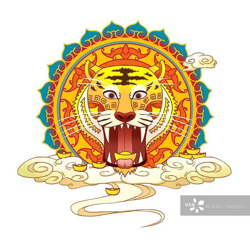 国风吉祥祥云元宝老虎图案插画图片素材