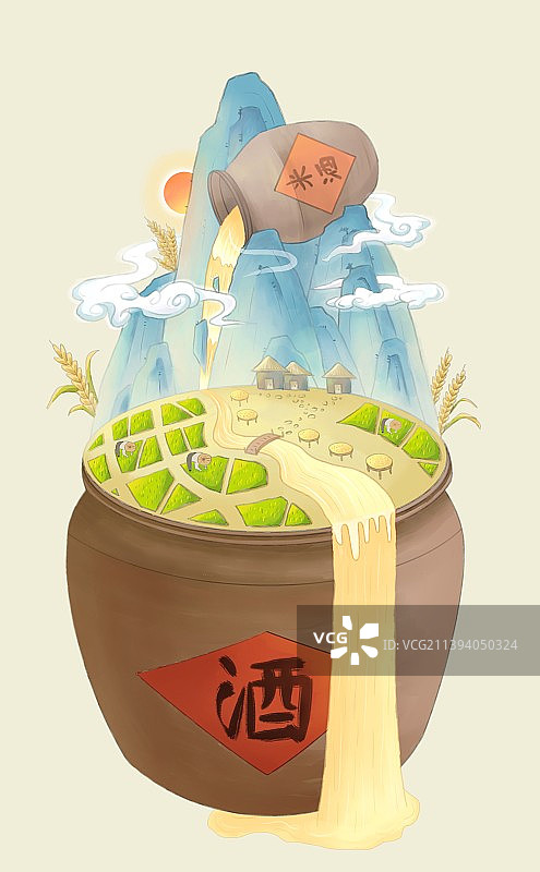 国风美酒山水插画图片素材