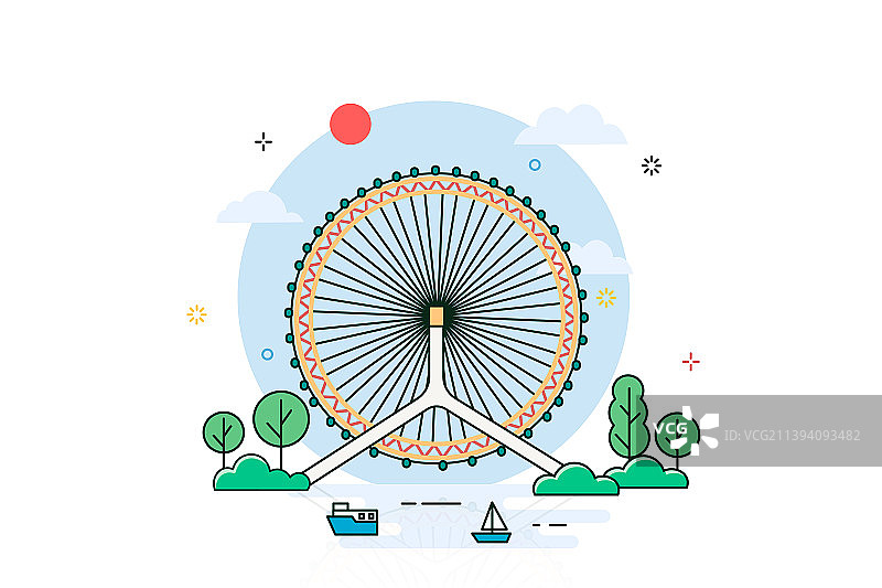 天津眼摩天轮线条风插画图片素材