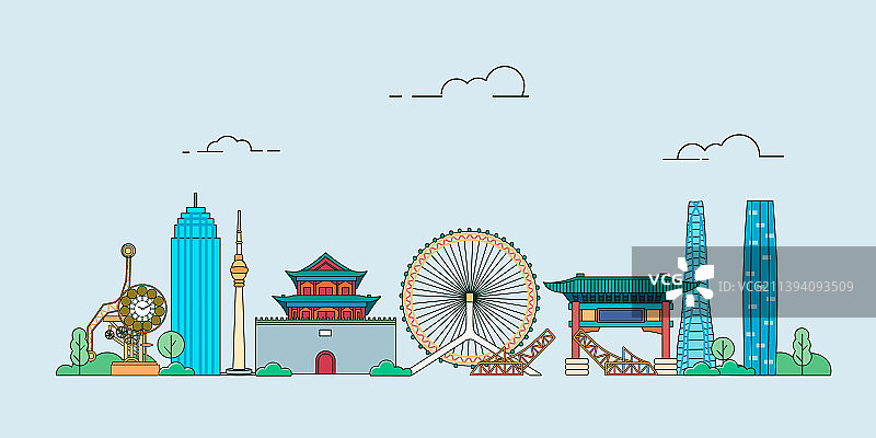 天津城市风光线条风矢量插画图片素材
