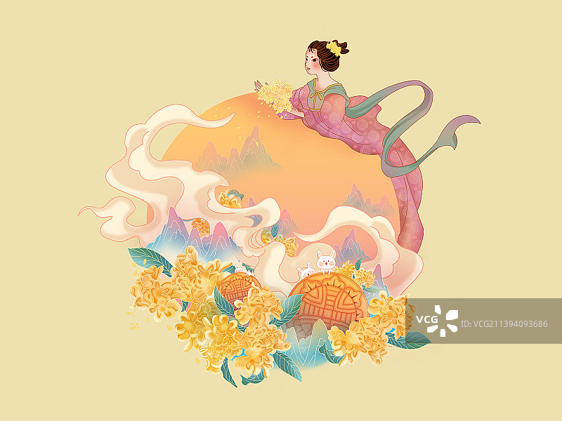嫦娥、兔子、月饼中秋元素图片素材