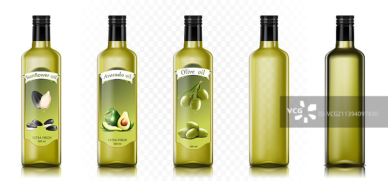 橄榄、向日葵和鳄梨油玻璃瓶图片素材