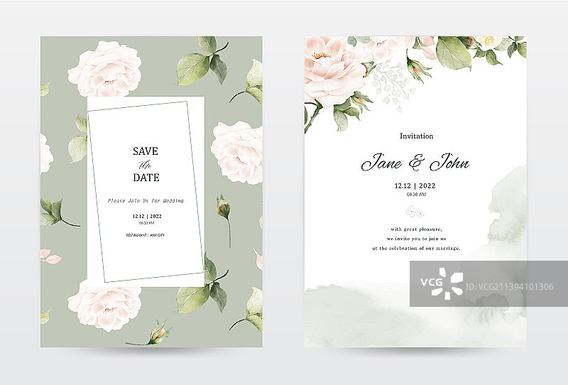 玫瑰水彩绿色邀请卡模板图片素材