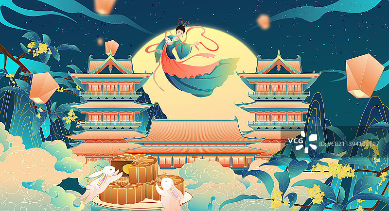 传统节日中秋节花好月圆矢量海报图片素材