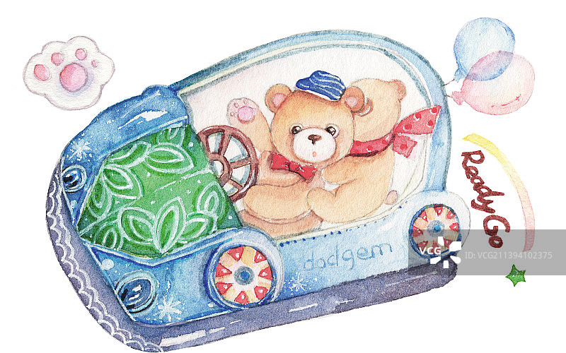 水彩手绘白色背景两只可爱的卡通熊驾驶玩具车出发图片素材