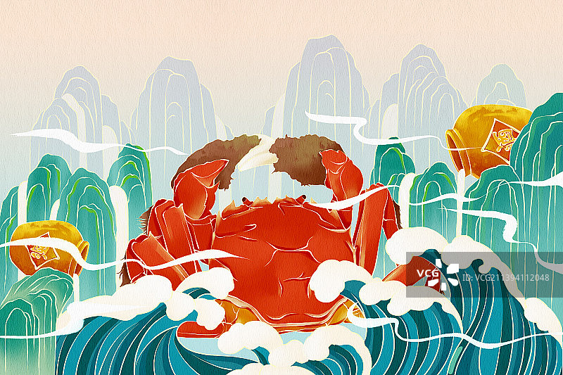 大闸蟹国潮风插画图片素材