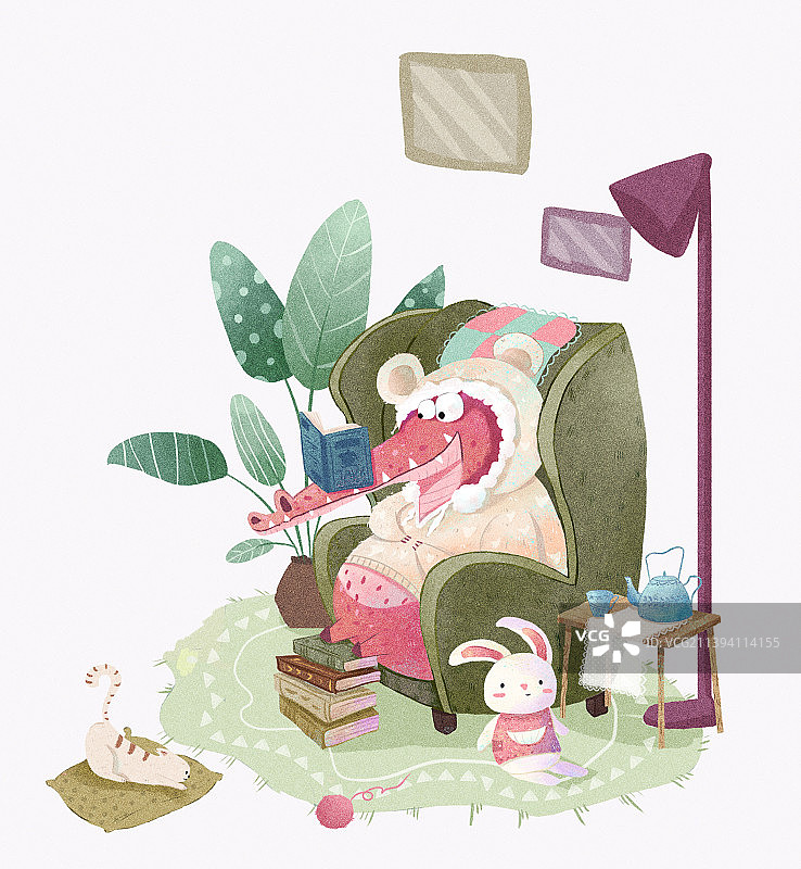 室内鳄鱼小场景扁平化插画图片素材