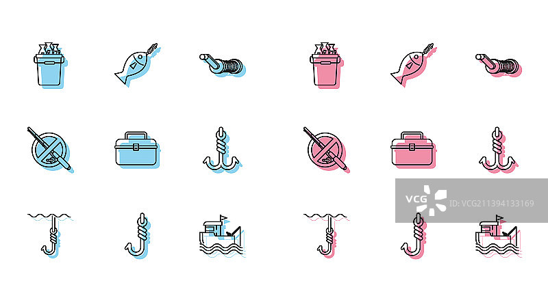 渔具套装：鱼线、鱼钩、水下水桶图片素材