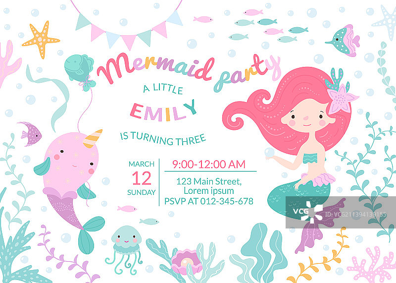宝宝美人鱼生日派对海报模板图片素材