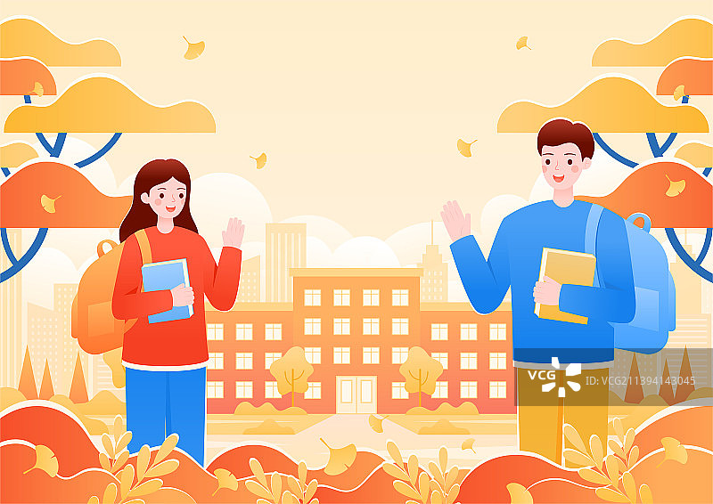 秋天开学季男女学生入学校园风景矢量插画图片素材