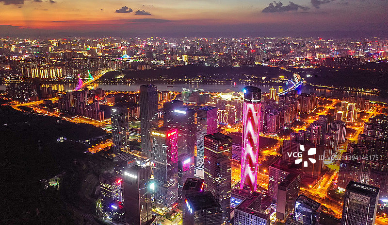 南宁五象新区总部基地火烧云晚霞城市夜景风光图片素材